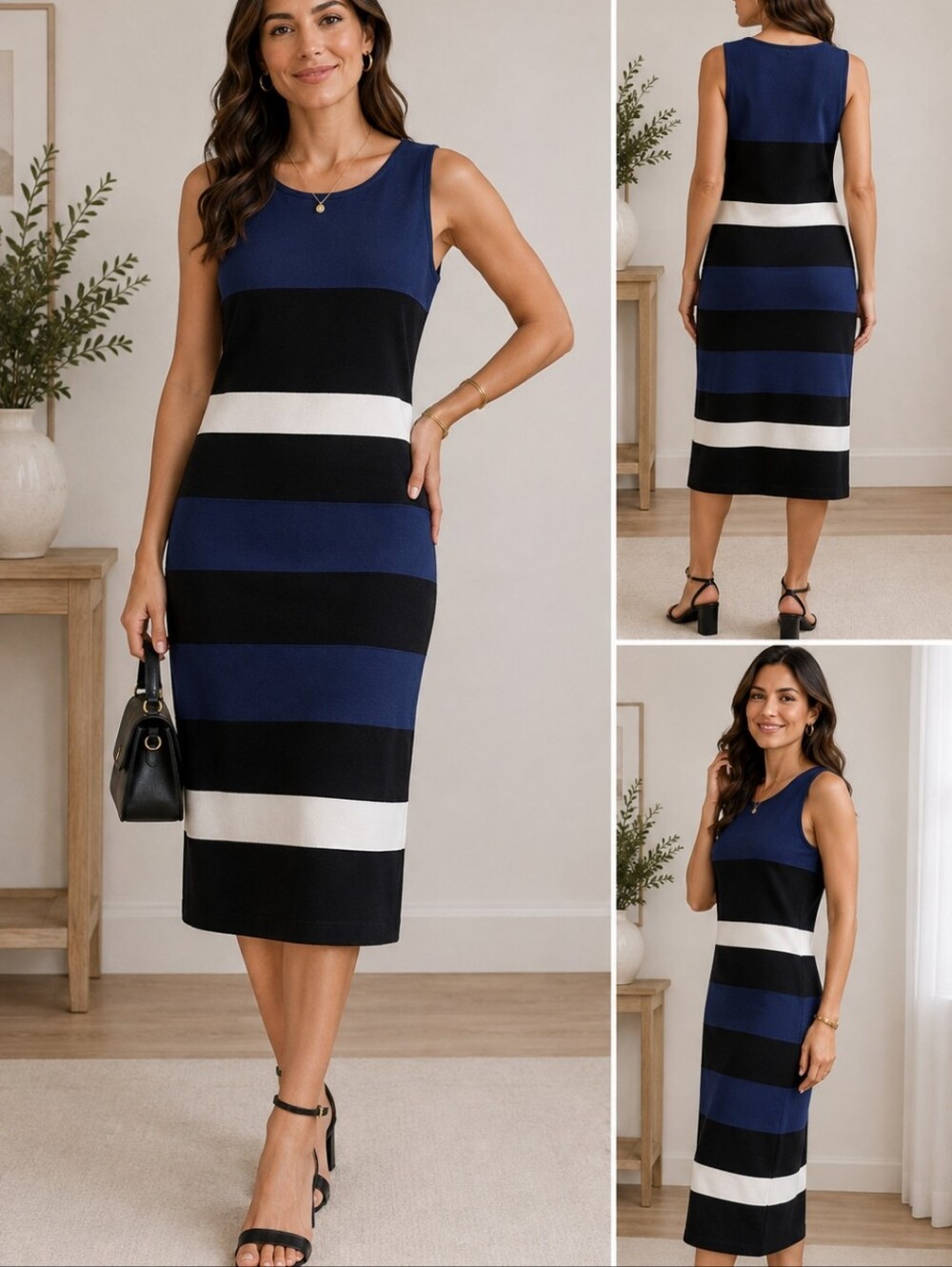 Tommy Hilfiger Sleeveless Blue, Black & White Striped Midi Dress